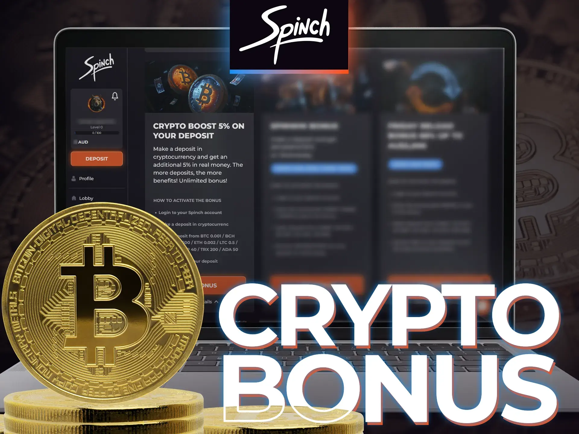 Make a deposit at Spinch in cryptocurrency and receive a bonus.