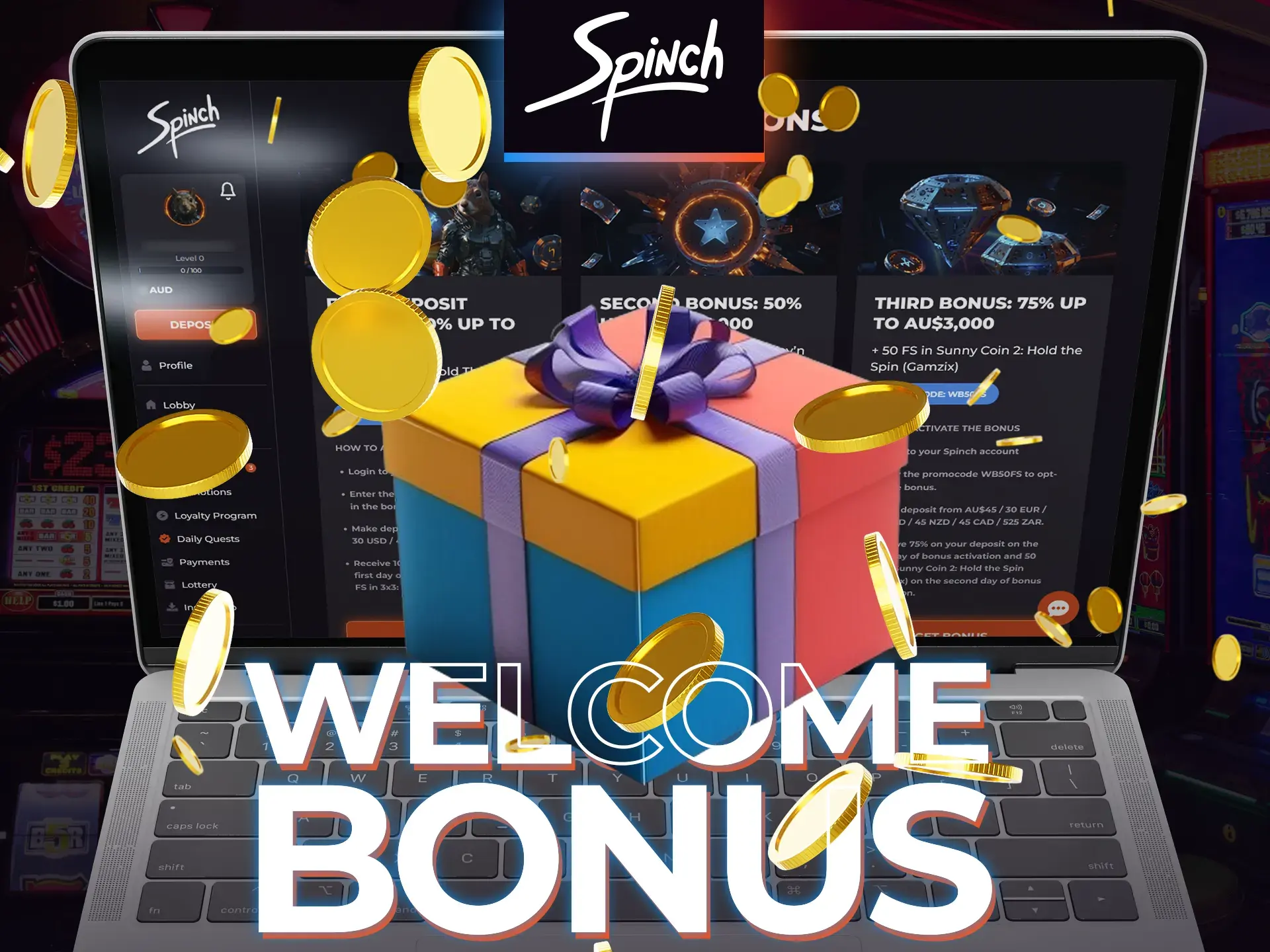 Receive a welcome bonus on your first three deposits at Spinch.