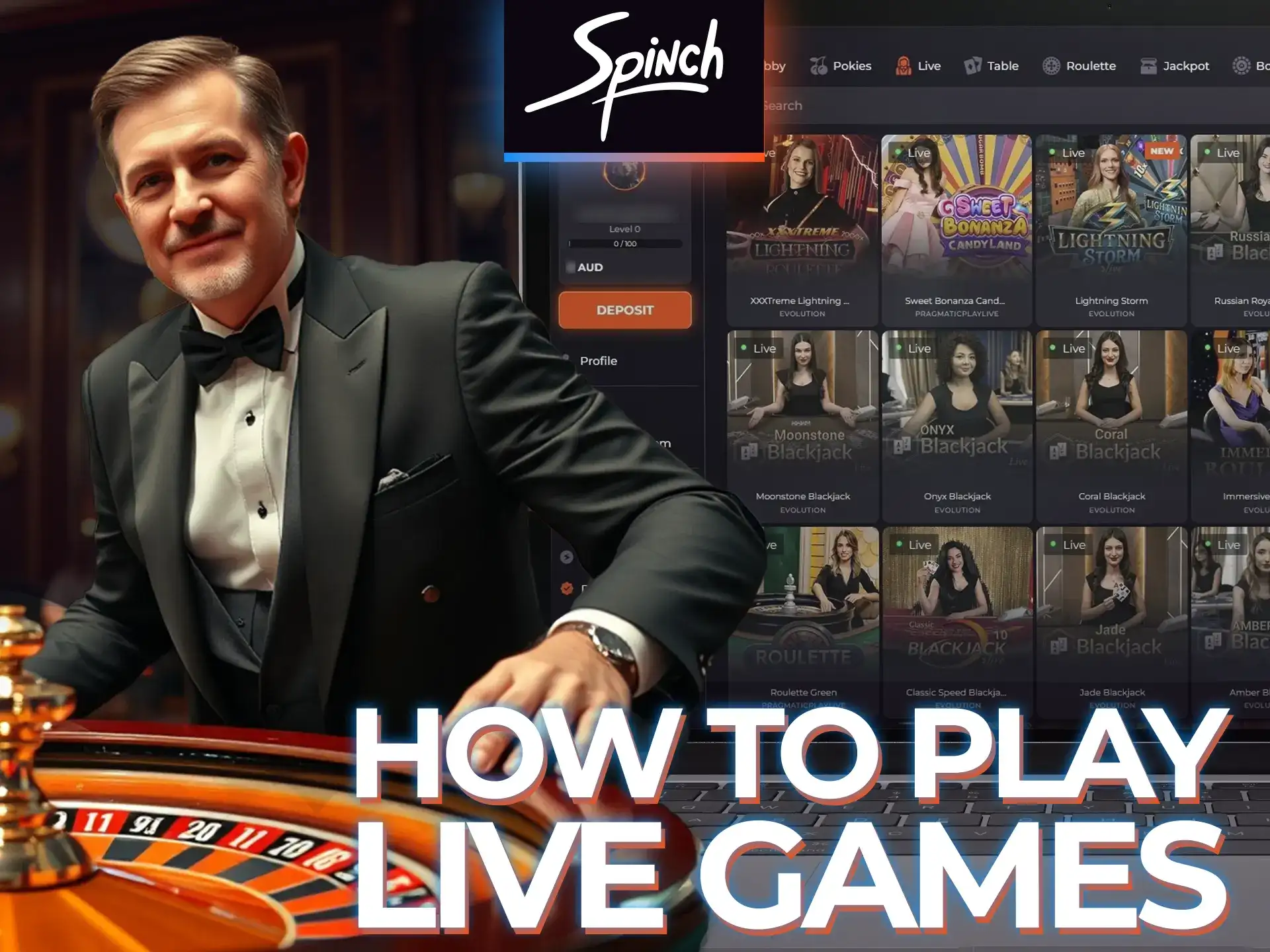 Follow these steps to start playing live casino on Spinch.