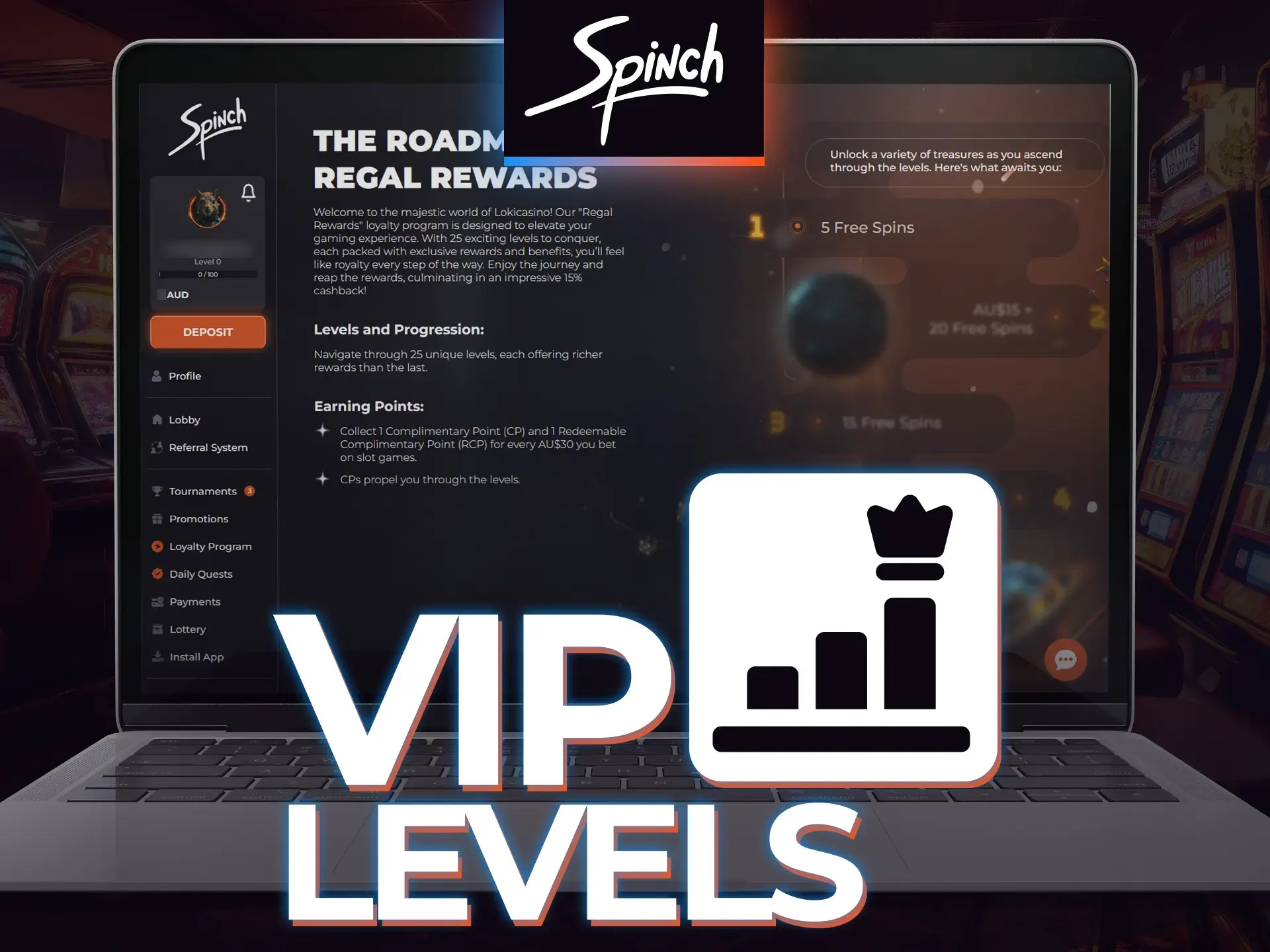 The higher your Spinch VIP level in the loyalty program, the more you earn.