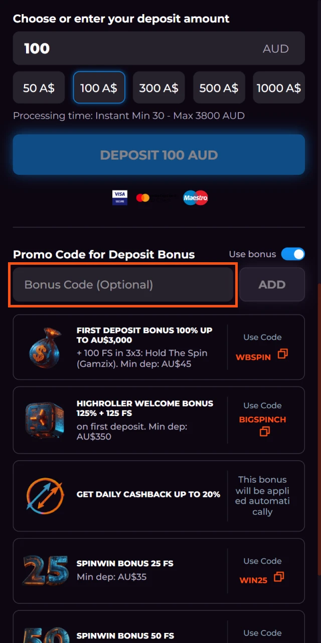 When making a deposit at Spinch, use the bonus code.