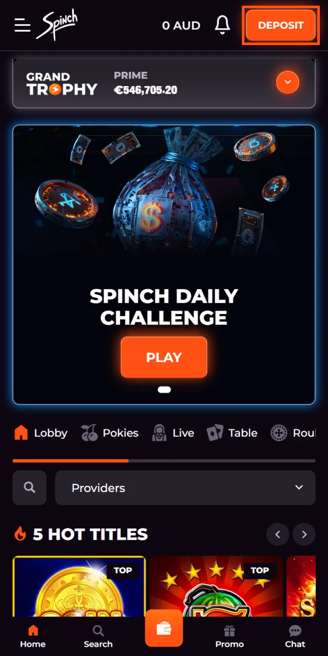 Go to the deposit section at Spinch Casino.