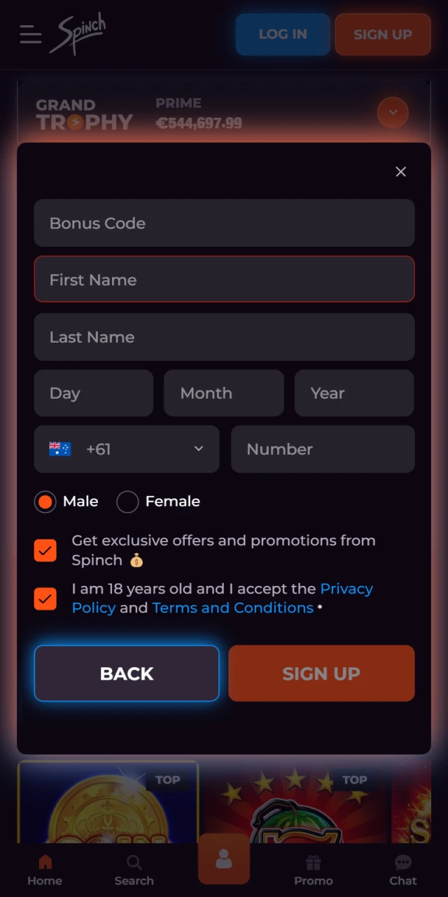 Add your personal information to register on Spinch.