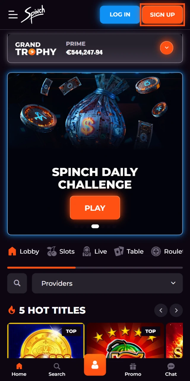 Find the registration button at Spinch Casino.